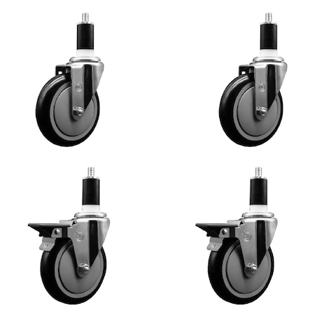 Service Caster 5'' Black Poly Wheel Swivel 1-3/8'' Expanding Stem Caster Set 2 Brakes, 4PK SCC-EX20S514-PPUB-BLK-2-PLB-2-138